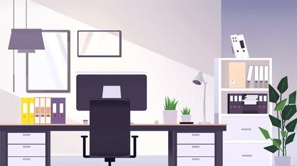 Simple Office Background Design Images, presenting neat desks, floor plants, transparent glass windows, minimalist meeting areas and other elements with a simple visual style. Covering fresh tones 
