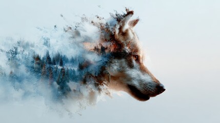 An artistic representation of a wolf's profile merging with a natural forest landscape creates a mesmerizing visual connection between wildlife and nature's essence.