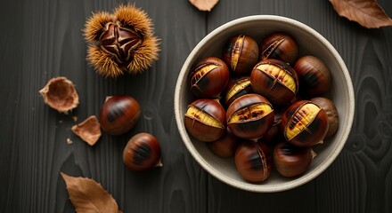 Raw Chestnuts in a Ceramic Bowl on Dark Wooden Surface with Dried Leaves