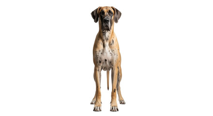 Isolated, a beautiful fawn Great Dane dog standing on a neutral surface, attentive pose