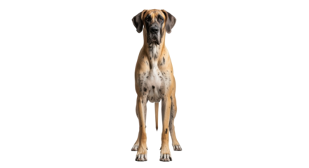 Isolated, a beautiful fawn Great Dane dog standing on a neutral surface, attentive pose