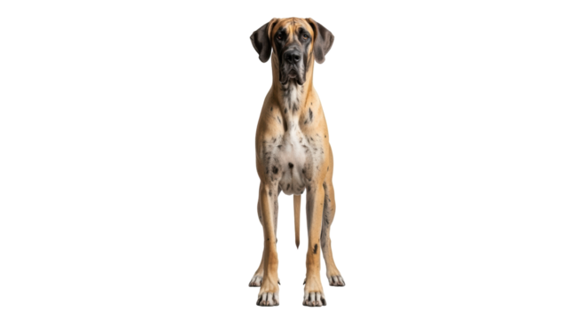 Isolated, a beautiful fawn Great Dane dog standing on a neutral surface, attentive pose