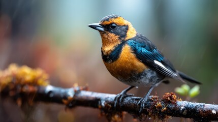 Fototapeta premium This stunning bird, with vibrant colors and detailed features, is perched gracefully on a moss-covered branch, showcasing nature's beauty amidst a serene atmosphere.