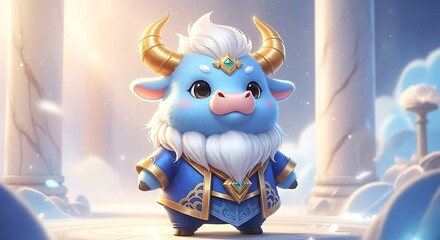 Fototapeta premium Adorable Blue Ox in Royal Attire with Golden Horns