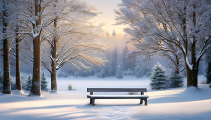 A Serene Painting Depicting A Snowy Landscape Featuring Trees And A Bench Creating A Tranquil Winter Scene