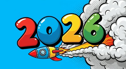 Colorful 2026 Year Numbers in Comic Style with Rocket and Smoke Effects for New Year Celebration