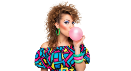 Woman blowing bubble gum in vibrant 80s clothing against a plain background captures retro style and youthful spirit from the past