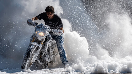 A man is riding a motorcycle in the snow