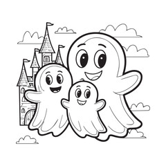 Smiling Ghost Family Floating Before Haunted Castle with Clouds Line Art Design. 
