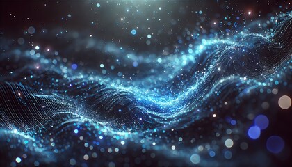A mesmerizing wave of sparkling blue particles floating in a dark, cosmic atmosphere
