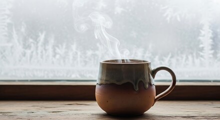 Warm Brown Ceramic Mug with Steam Rising in Front of Snowy Window Scene