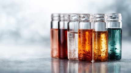 A captivating arrangement of test tubes holds colorful liquids, each exhibiting a unique hue, symbolizing experimentation, science, and discovery in a laboratory setting.