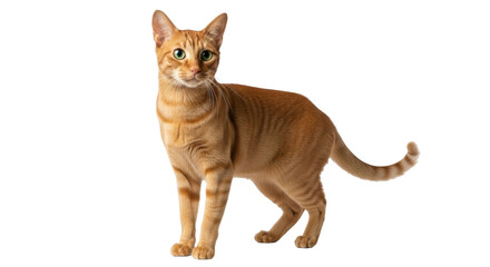 Isolated orange tabby cat standing alert, looking forward pet animal against plain space