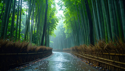 Fototapeta premium Sunlit Bamboo Forest Path with Wooden Fences Leading into Foggy Distance in Kyoto Japan