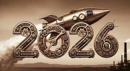 Steampunk Rocket Launching Over Industrial Factory in Sepia Tone