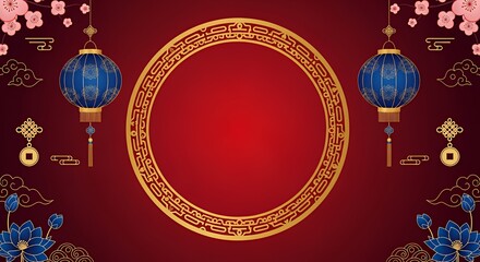 Festive Red Background with Traditional Chinese Lanterns and Gold Circular Frame for Lunar New Year Celebration