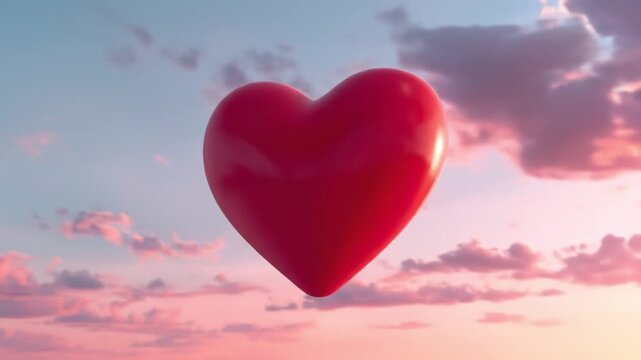 A glossy red teardrop-shaped object floating against a pastel sky during sunset, evoking tranquility