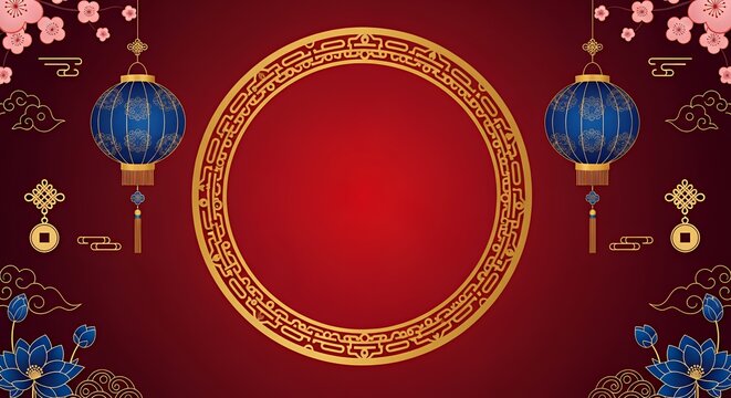 Festive Red Background with Traditional Chinese Lanterns and Gold Circular Frame for Lunar New Year Celebration