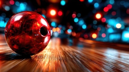 A glossy red bowling ball beautifully positioned on the polished wooden lanes, illuminated by colorful lights in a vibrant bowling alley, evoking a sense of fun and competition.