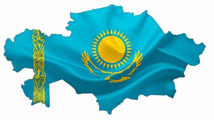 The flag of Kazakhstan covering the map silhouette of Kazakhstan detailed emblem isolated on white background
