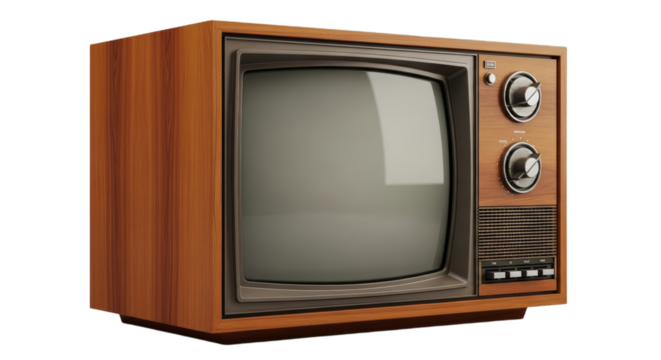 Vintage 80s television with wooden frame and knobs displayed in isolation against a white background