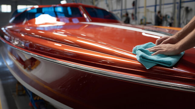 A man is polishing a red boat with a blue cloth