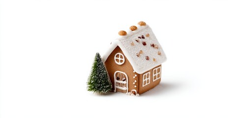 Gingerbread House with White Icing and Ornamental Tree on White Backdrop