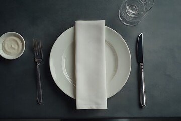 Dining table arrangement featuring a side dish napkin and fork