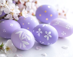 Pastel purple Easter eggs amongst spring blossoms