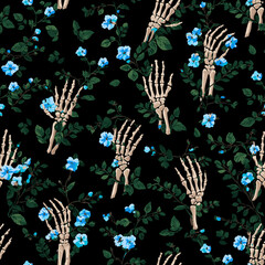 Skeleton hands and vines and flowers
