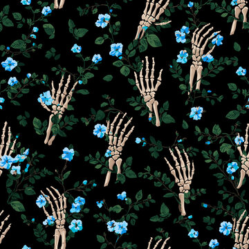 Skeleton hands and vines and flowers