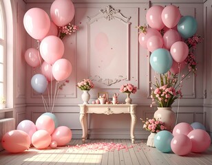 Pastel room with balloons and flowers