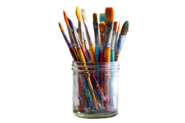 Collection of colorful paint brushes in a glass jar isolated on transparent background
