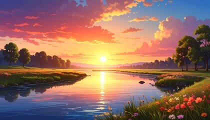 Obraz premium Serene sunset over a placid river