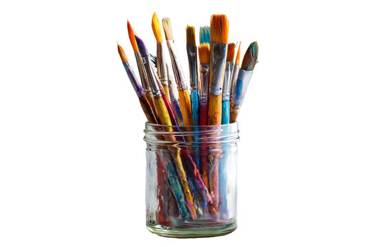 Collection of colorful paint brushes in a glass jar isolated on transparent background