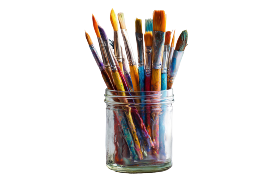 Collection of colorful paint brushes in a glass jar isolated on transparent background