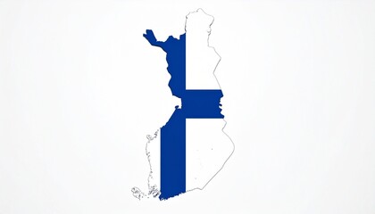 The flag of Finland overlaying the country map borders clean white and blue style isolated on white background
