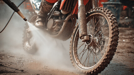 A dirt bike is being washed with a hose