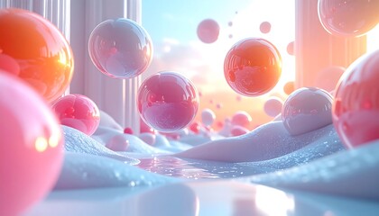Pastel spheres float in a sunlit, ethereal space