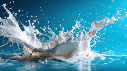 A vibrant and dynamic splash of milk captured mid-air against a blue background, creating a stunning visual that emphasizes fluidity, movement, and freshness in food photography.