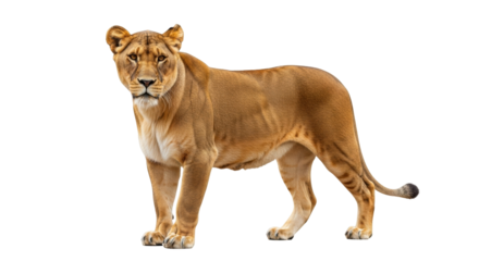 Isolated Lioness stands, majestic and regal in her natural form, portrait of a tawny cat