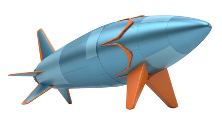 Isolated futuristic spacecraft with orange fins, metallic blue rocket shape with texture