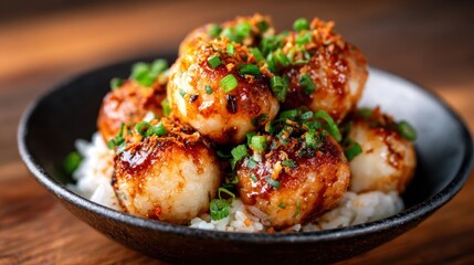 A delectable serving of savory rice balls, generously coated with flavorful herbs and sauce, offering an exciting taste experience that's sure to delight food enthusiasts.
