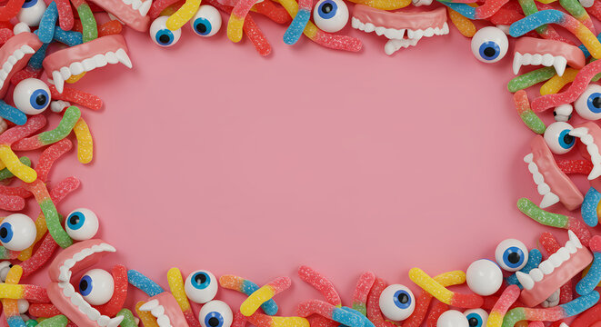 Halloween Gummy Candies, Vampire Teeth, and Eyeballs Frame on Pink Background - Powered by Adobe