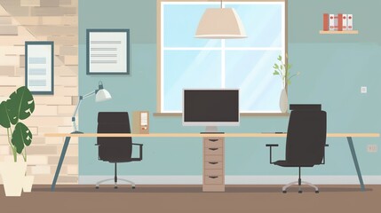 Simple Office Background Design Images, presenting neat desks, floor plants, transparent glass windows, minimalist meeting areas and other elements with a simple visual style. Covering fresh tones