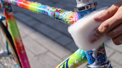 A person is washing a bike with a sponge