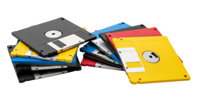 Collection of colorful floppy disks from the 1980s isolated on a white background showcasing technology of the past
