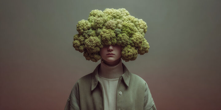 Person wears oversized jacket and has green broccoli florets forming a large headpiece