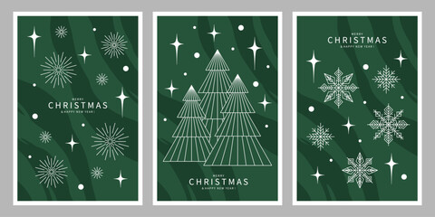 Merry Christmas and Happy New Year greeting cards. Holiday backgrounds with Christmas tree and snowflakes in geometric minimalist. Design banner for winter holidays.