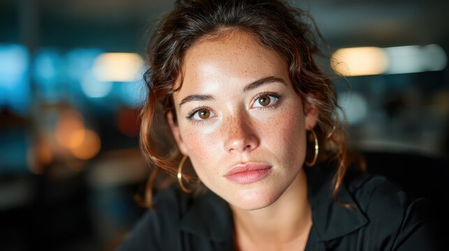 A captivating portrait of a young woman deep in thought, with freckles and a gentle expression, showcasing beauty and emotions in a contemporary office setting.